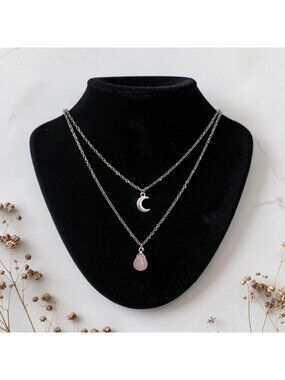 Celestial Rose Quartz Moon Layered Necklace Silver Tone Jewelry Pink Gemstone